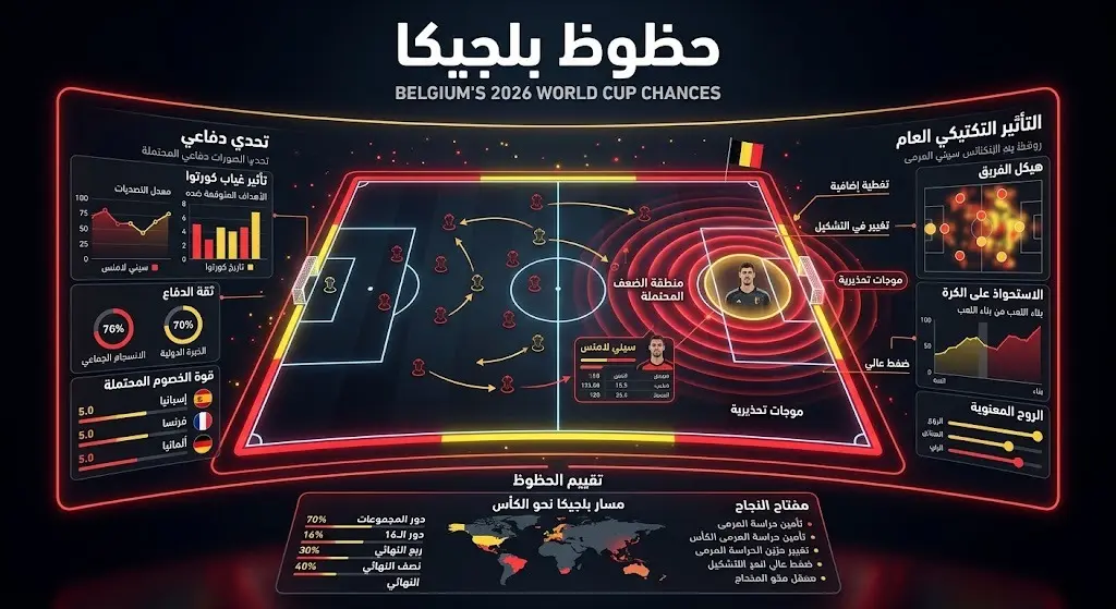 إنفوجرافيك تحليلي يستعرض تأثير إصابة كورتوا على دفاع بلجيكا والعبء الملقى على الحارس البديل سيني لامنس.