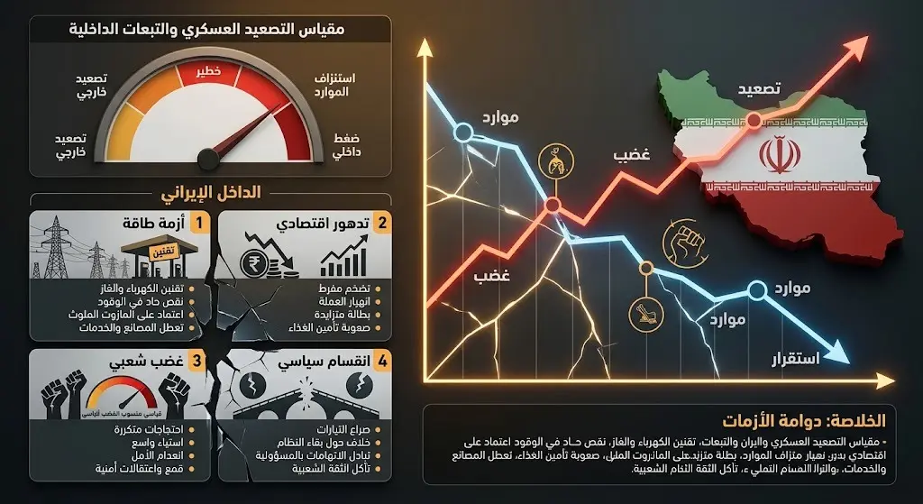 إنفوجرافيك تحليلي يعبر عن تداعيات التصعيد العسكري على الداخل الإيراني، مبرزاً أزمات الطاقة والانقسام السياسي.