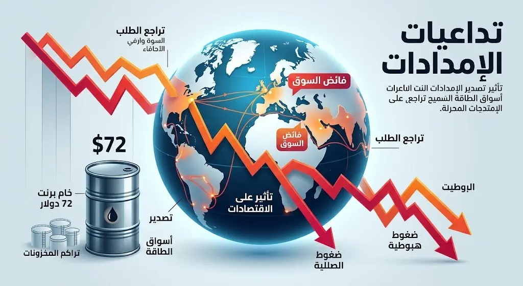 رسم تعبيري يظهر تراجع أسعار النفط لخام برنت إلى مستوى 72 دولارا للبرميل وسط تراجع الطلب في الصين وفائض الإمدادات العالمية.