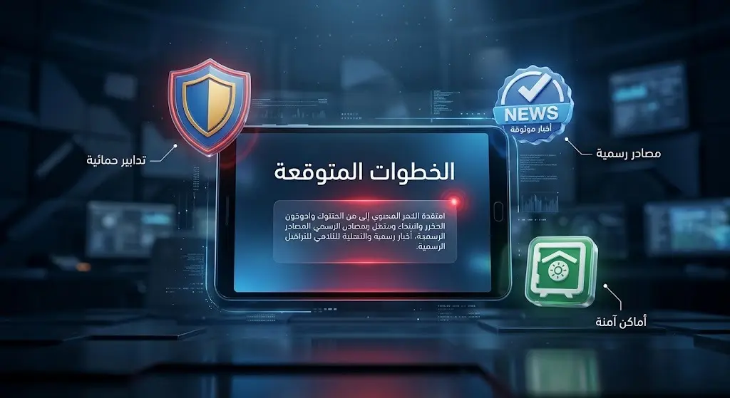 تصميم إنفوجرافيك ثلاثي الأبعاد يعرض شاشة رقمية تحمل إرشادات أمنية، محاطة برموز تعبيرية للدرع الواقي والمصادر الرسمية والأماكن الآمنة.