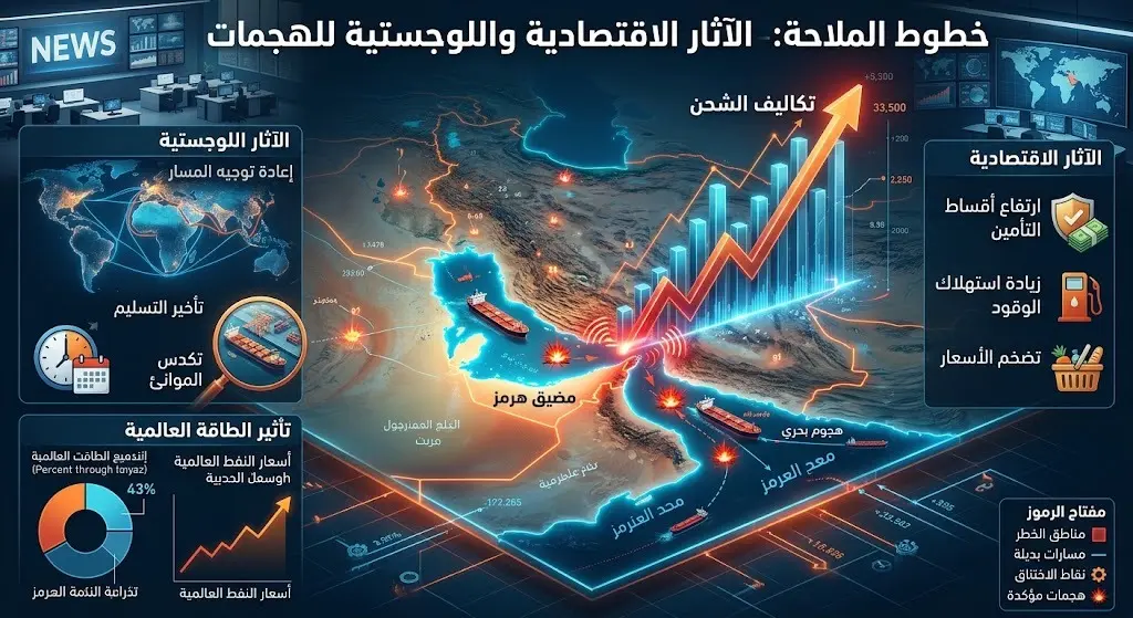 تصميم بياني يظهر تأثير الهجمات البحرية قرب مسندم ومضيق هرمز على ارتفاع تكاليف الشحن وتأثر أمن الطاقة العالمي.