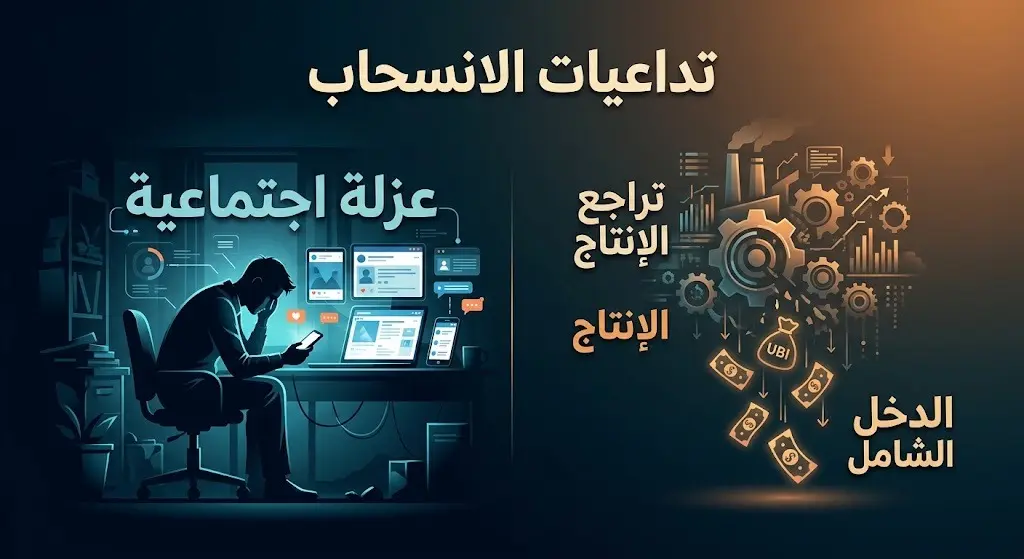 تصميم تعبيري يجسد العزلة الاجتماعية للرجال المنسحبين من سوق العمل وجلوسهم الطويل أمام الشاشات، مع إبراز الجانب السلبي للدخل الأساسي الشامل.