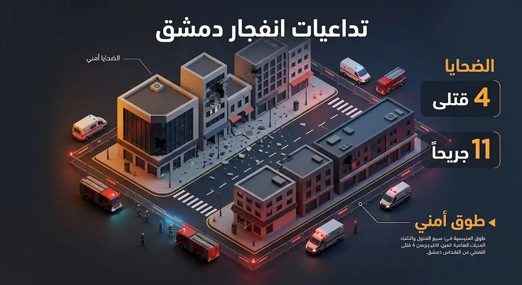 إنفوجرافيك يوضح التداعيات الأمنية وحصيلة ضحايا الانفجار الذي استهدف مقهى في دمشق وتأثيره على حركة المدنيين