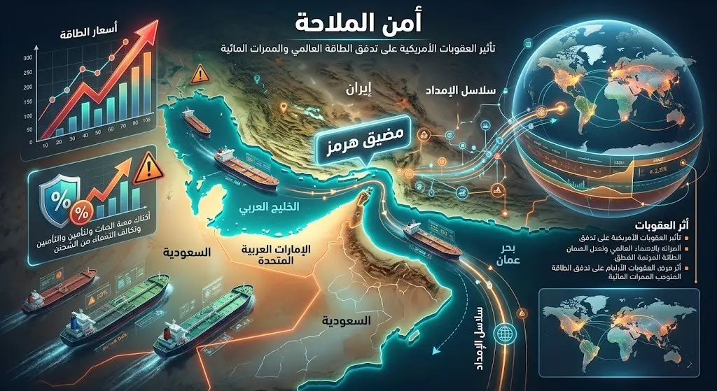 تصميم بصري حديث يبرز تداعيات العقوبات الأمريكية على حركة الملاحة وسلاسل إمداد الطاقة في مضيق هرمز ومسارات الشحن العالمية.