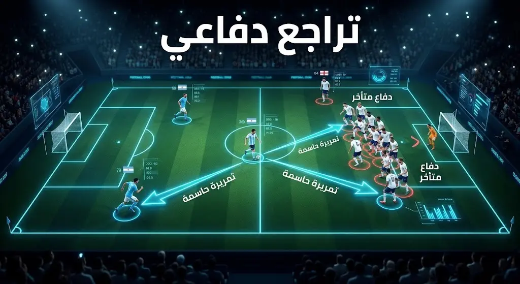 إنفوجرافيك تكتيكي يوضح التراجع الدفاعي العميق لمنتخب إنجلترا وكيف استغل ميسي المساحات لصناعة الأهداف.