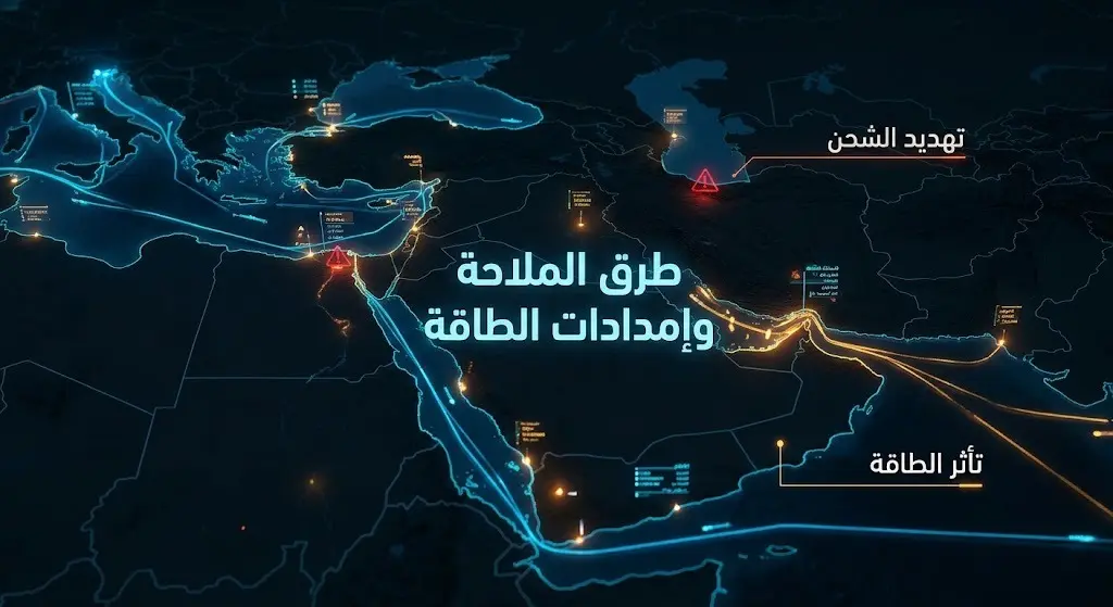 خريطة تفاعلية مضيئة توضح تأثير التصعيد العسكري على طرق الملاحة البحرية وإمدادات الطاقة في المنطقة
