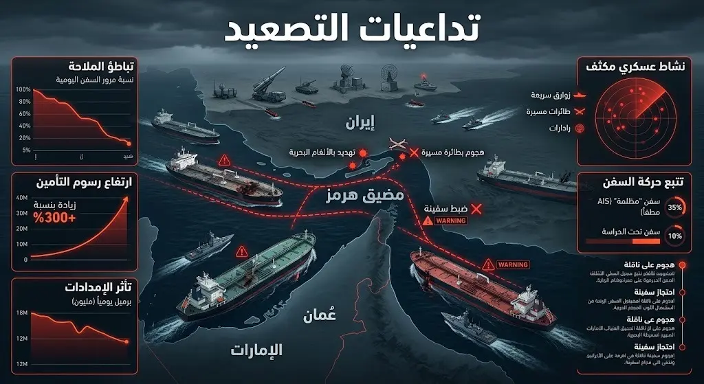 مشهد تعبيري يدمج عناصر الإنفوجرافيك لسفن شحن وناقلات نفط تعبر ممراً مائياً وسط مؤشرات بصرية تعكس التوتر وتراجع حركة الملاحة.