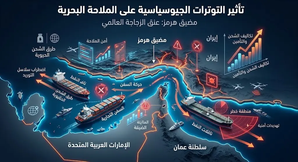 خريطة إنفوجرافيك ثلاثية الأبعاد لمضيق هرمز تظهر سفن شحن تجارية ومؤشرات لارتفاع تكاليف الإمداد وتوترات الملاحة البحرية.