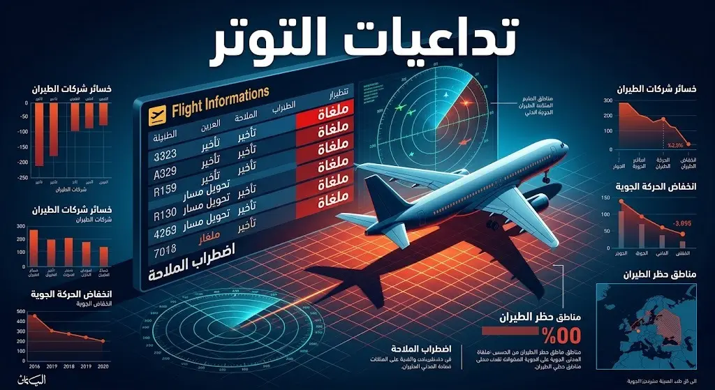 لوحة رحلات طيران رقمية تندمج مع موجات رادار، تظهر فيها كلمة 'ملغاة' باللون الأحمر تعبيراً عن تأثير التوترات العسكرية على الملاحة.