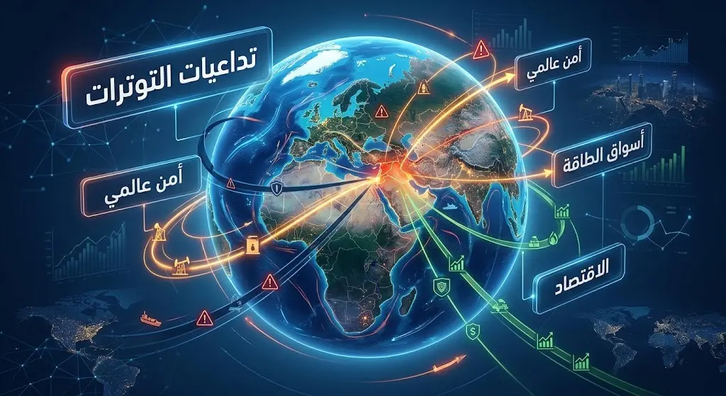 تصميم إنفوجرافيك إبداعي ثلاثي الأبعاد يوضح تداعيات التوترات الإقليمية وامتدادها للتأثير على الأمن العالمي، أسواق الطاقة، والنمو الاقتصادي، عبر خطوط بيانات مضيئة تحيط بالكرة الأرضية.