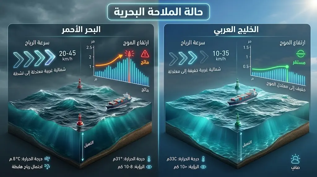 تصميم بياني يوضح تأثير الحالة الجوية على سرعة الرياح وارتفاع الأمواج في البحر الأحمر والخليج العربي
