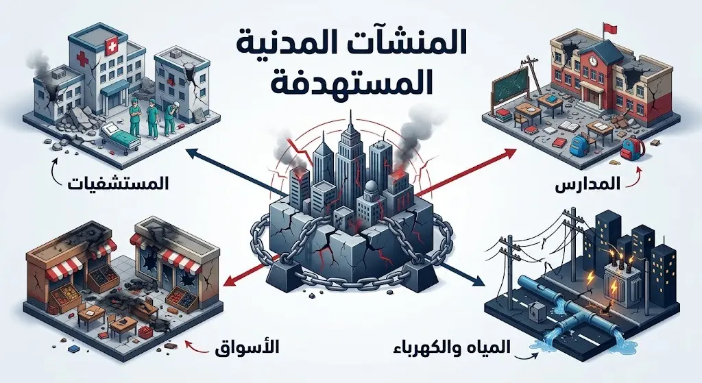 إنفوجرافيك تحليلي يوضح تداعيات الحصار والقصف على المنشآت المدنية في مدينة الأبيض، مبرزاً تضرر المستشفيات، المدارس، الأسواق، وشبكات المياه والكهرباء.