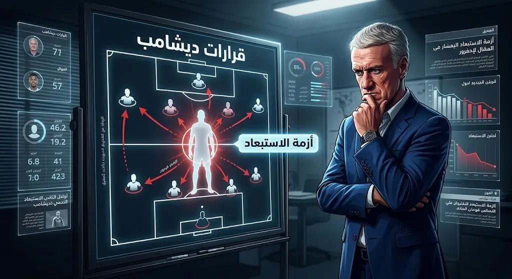 تصميم تعبيري يظهر المدرب الفرنسي ديشامب تحت الضغط أمام لوحة تكتيكية تسلط الضوء على تداعيات قراراته واستبعاد اللاعبين المؤثرين.