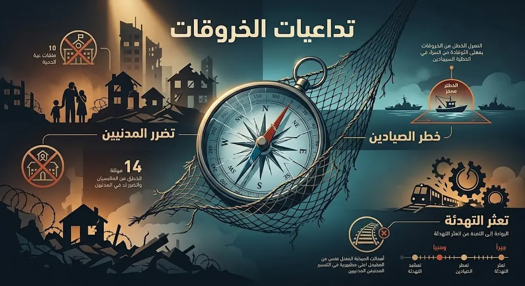 تصميم إنفوجرافيك تعبيري يوضح تداعيات الخروقات الميدانية المستمرة على حياة المدنيين وحركة الصيادين في قطاع غزة.