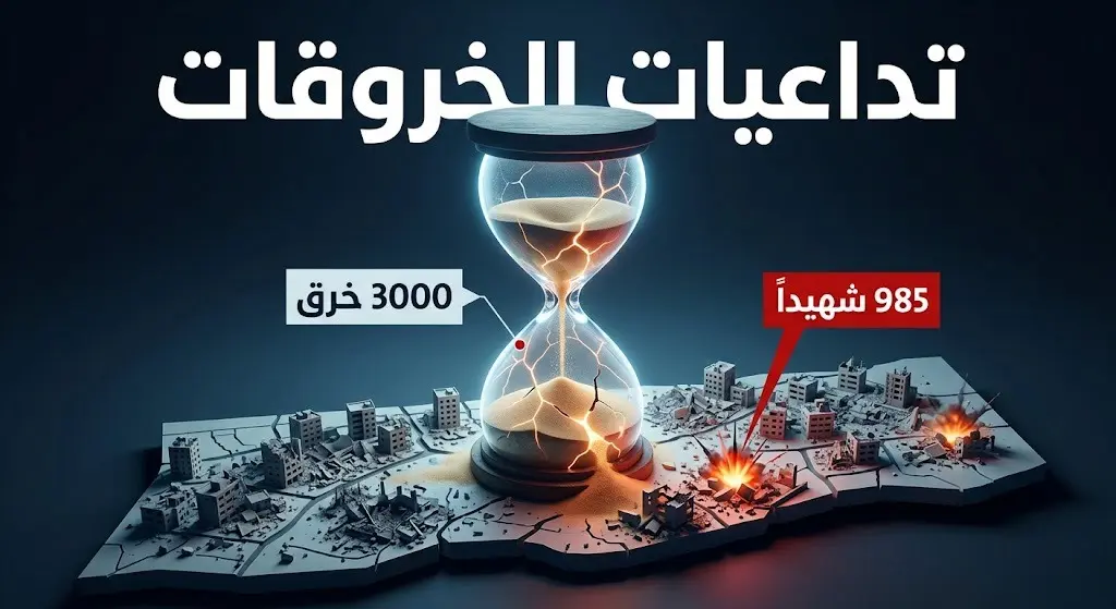 إنفوجرافيك تعبيري يوضح تداعيات الخروقات الميدانية على اتفاق التهدئة في غزة، متضمناً إحصائيات للشهداء والانتهاكات المستمرة