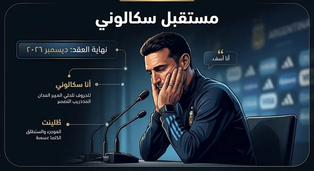 تصميم فني إخباري يجمع بين مشهد تعبيري مؤثر للمدرب ليونيل سكالوني في المؤتمر الصحفي، مدمج مع بطاقة معلومات توضح موعد انتهاء عقده في ديسمبر 2026.
