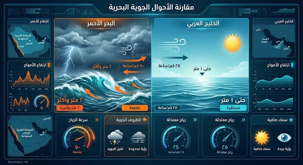 إنفوجرافيك مقارن يوضح حالة الملاحة البحرية وتأثير الرياح وارتفاع الموج في كل من البحر الأحمر والخليج العربي.