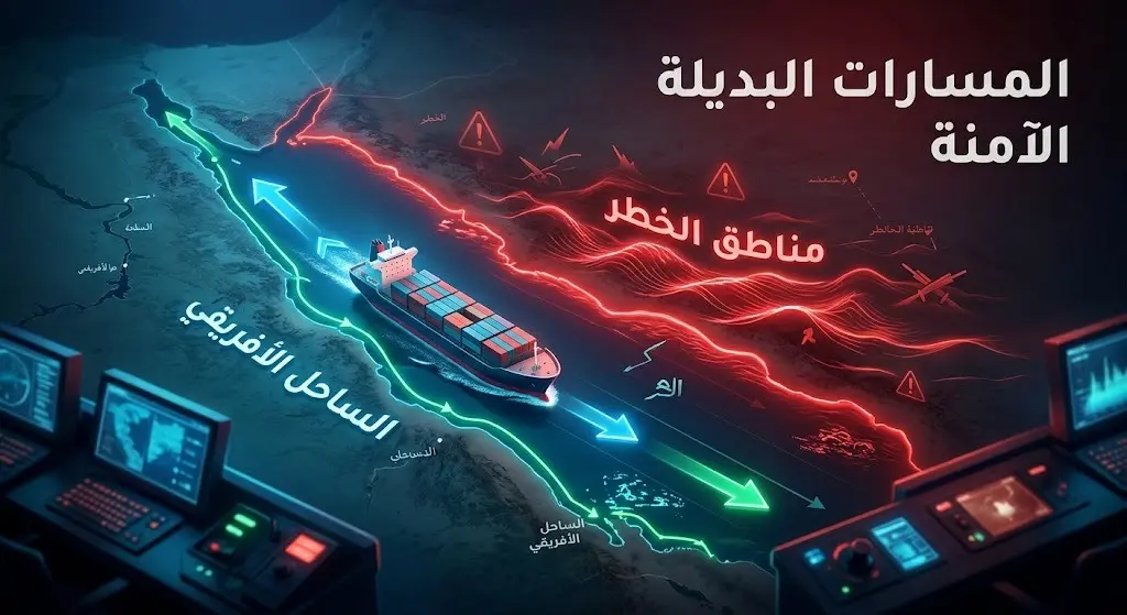 رسم توضيحي للمسارات الملاحية البديلة للسفن التجارية بالقرب من الساحل الأفريقي لتجنب مناطق التهديدات الأمنية.