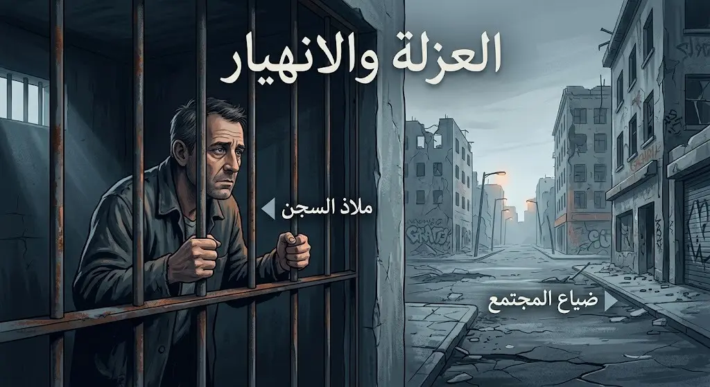 رسم تعبيري يظهر سجيناً ينظر من خلف القضبان إلى عالم خارجي مظلم ومحطم، مع نصوص عربية توضح اختياره البقاء في السجن هرباً من الانهيار.