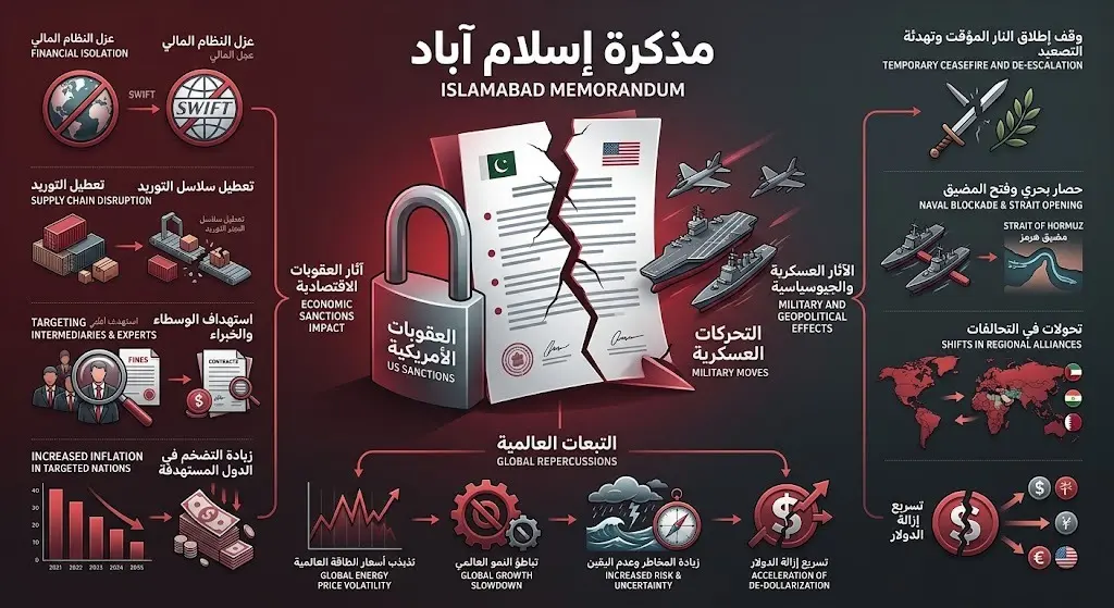 رسم تعبيري يظهر تداعيات التحركات العسكرية والعقوبات الأمريكية على مذكرة إسلام آباد وخرق بنودها المتفق عليها.