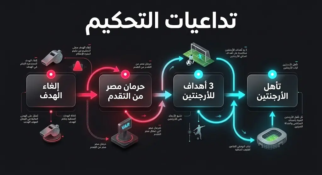 إنفوجرافيك يوضح التسلسل الزمني لتداعيات قرار إلغاء الهدف على نتيجة المباراة وتأهل الأرجنتين.