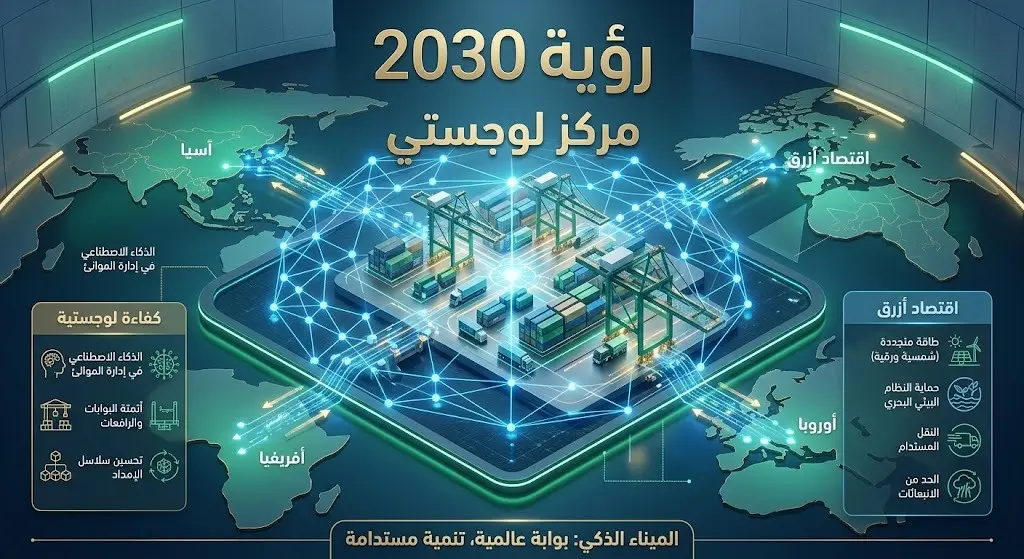 تصميم إنفوجرافيك يوضح تحول الموانئ رقمياً ودور المملكة كمركز لوجستي عالمي ضمن مستهدفات رؤية 2030 والاقتصاد الأزرق.