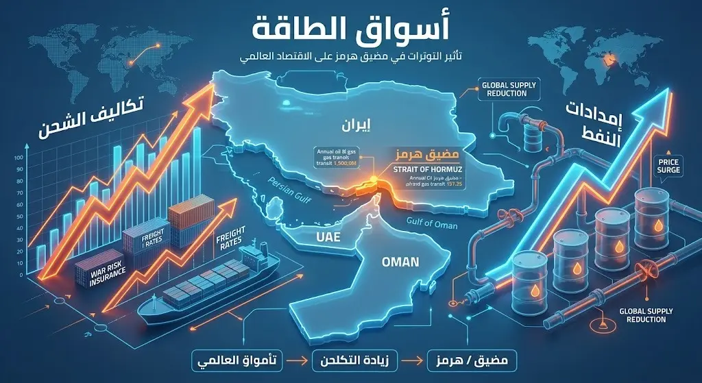 تصميم إنفوجرافيك يوضح تأثير التوترات في مضيق هرمز على أسواق الطاقة العالمية، مع ظهور خطوط بيانية لارتفاع تكاليف الشحن وبراميل النفط