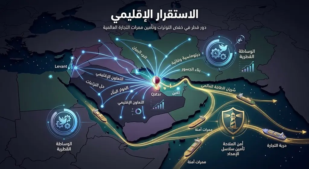 تصميم إنفوجرافيك يوضح تأثير الموقف القطري على استقرار المنطقة وحماية طرق الملاحة البحرية.