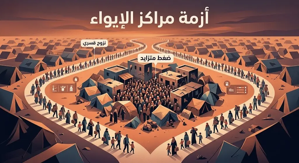 تصميم بصري تعبيري يجسد تكدس الخيام والنازحين والضغط الهائل على مراكز الإيواء في قطاع غزة.