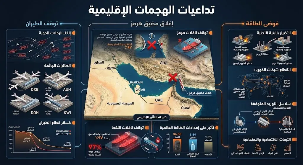 إنفوجرافيك يوضح التداعيات الإقليمية للهجمات على قطاعي النقل والطاقة بما في ذلك إغلاق مضيق هرمز وتوقف حركة الطيران.