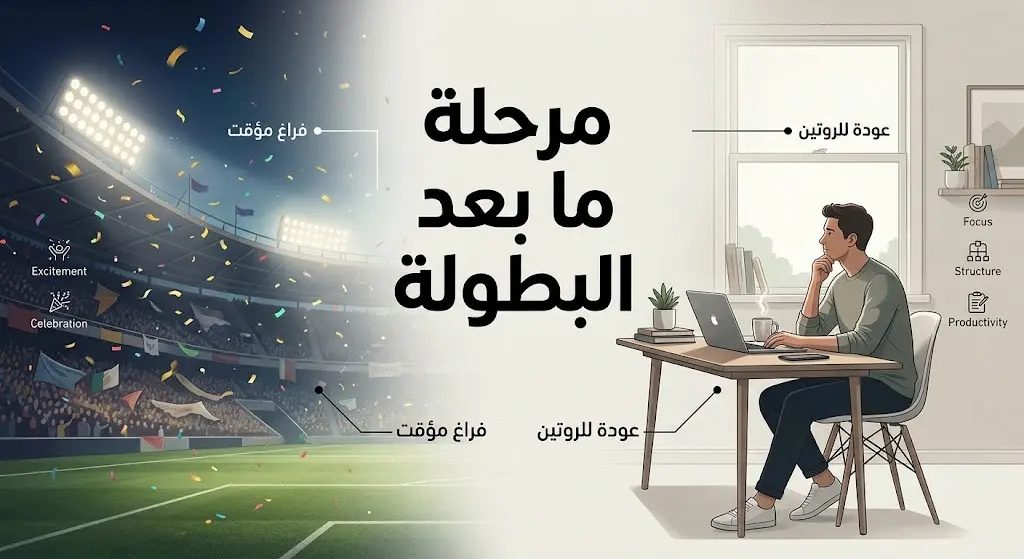 رسم تعبيري وإنفوجرافيك يوضح التباين بين صخب كأس العالم والهدوء الذي يليه، مع نصوص عربية تشير إلى الفراغ المؤقت والعودة للروتين اليومي.