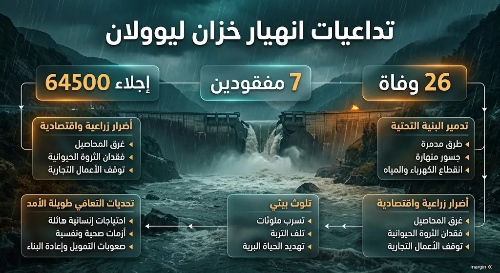 إنفوجرافيك صحفي يوضح الإحصائيات المأساوية لتداعيات انهيار خزان ليوولان في الصين، متضمناً أعداد الضحايا والمفقودين وعمليات الإجلاء بخلفية تعبيرية للفيضانات.
