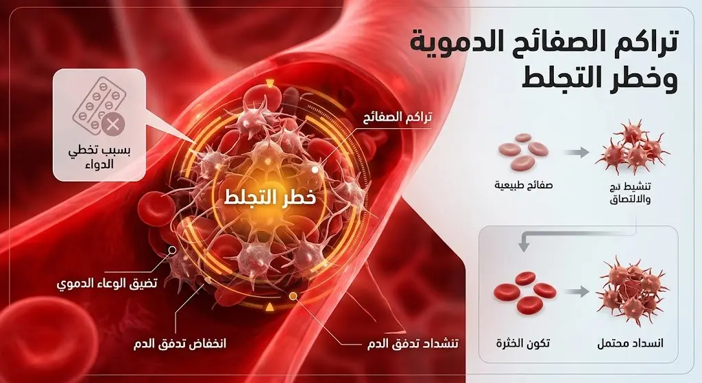 تصميم ثلاثي الأبعاد يظهر تراكم الصفائح الدموية داخل الشريان كتحذير من خطر تكون الجلطات عند إهمال الدواء.