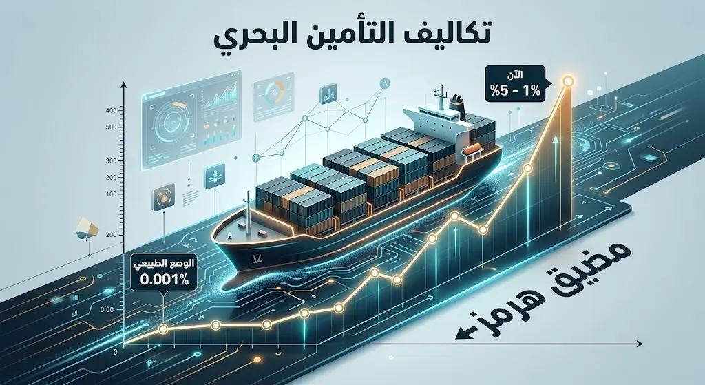 إنفوجرافيك يوضح الارتفاع الكبير في تكاليف التأمين البحري للسفن العابرة لمضيق هرمز، مع مقارنة بين النسب في الوضع الطبيعي والحالي.