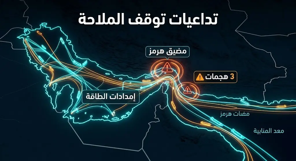 إنفوجرافيك لخرائط الملاحة في منطقة الخليج ومضيق هرمز، يبرز مسارات إمدادات الطاقة العالمية ونقاط التوتر البحرية الأخيرة.