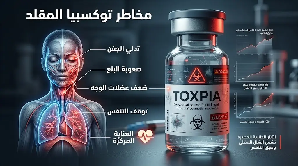تصميم طبي تعبيري يبرز المخاطر السريرية والمضاعفات الخطيرة لحقن توكسبيا المقلدة مثل تدلي الجفون وتوقف التنفس.