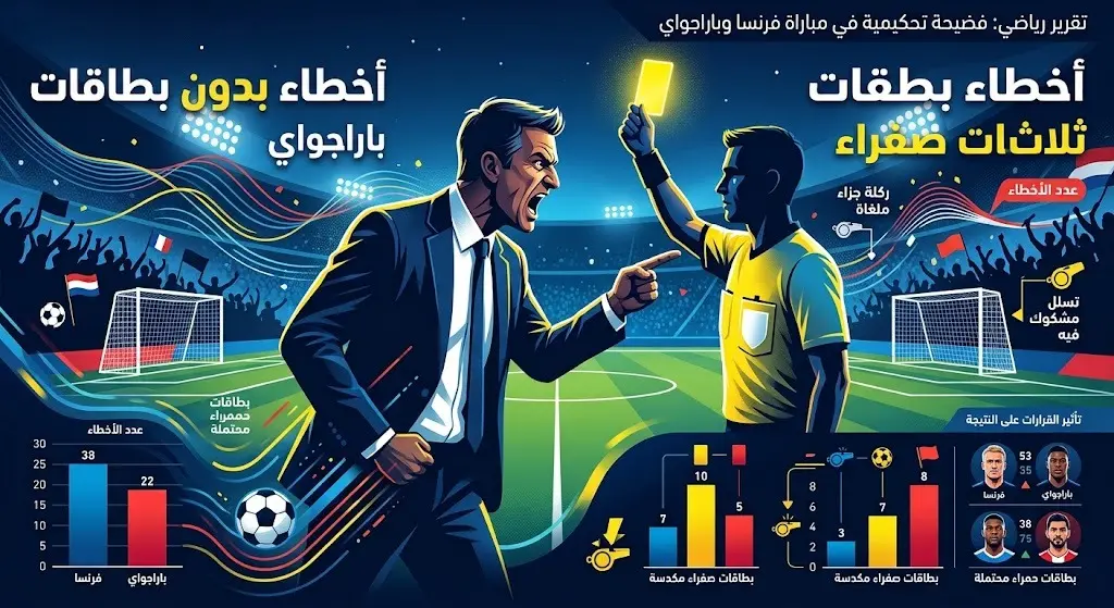 إنفوجرافيك يوضح التباين في القرارات التحكيمية وحصول فرنسا على 3 بطاقات صفراء مقابل أخطاء باراجواي