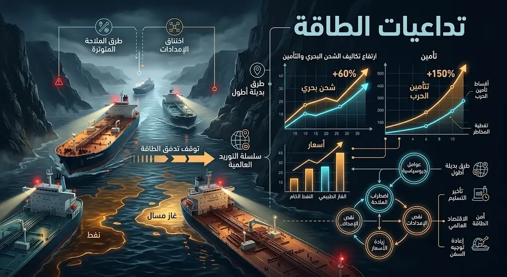 تصميم تعبيري وبياني يظهر تأثير التصعيد العسكري على خطوط الملاحة البحرية، متضمناً مؤشرات اقتصادية لارتفاع تكاليف الشحن، التأمين، وأسعار الطاقة.
