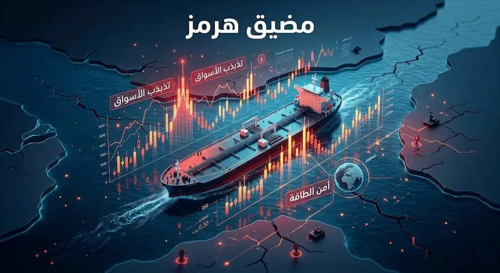تصميم تعبيري لمرور ناقلة نفط في مضيق هرمز محاطة بمؤشرات حمراء متذبذبة تعبر عن قلق الأسواق والتوترات الجيوسياسية