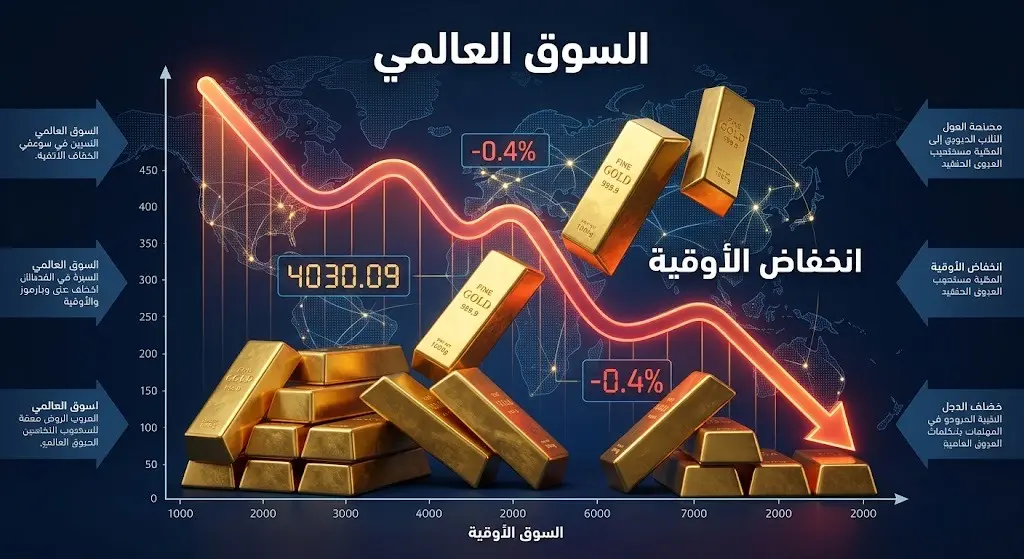 تصميم إنفوجرافيك يوضح تراجع أسعار الذهب في الأسواق العالمية مع شاشات تداول ومؤشرات الانخفاض
