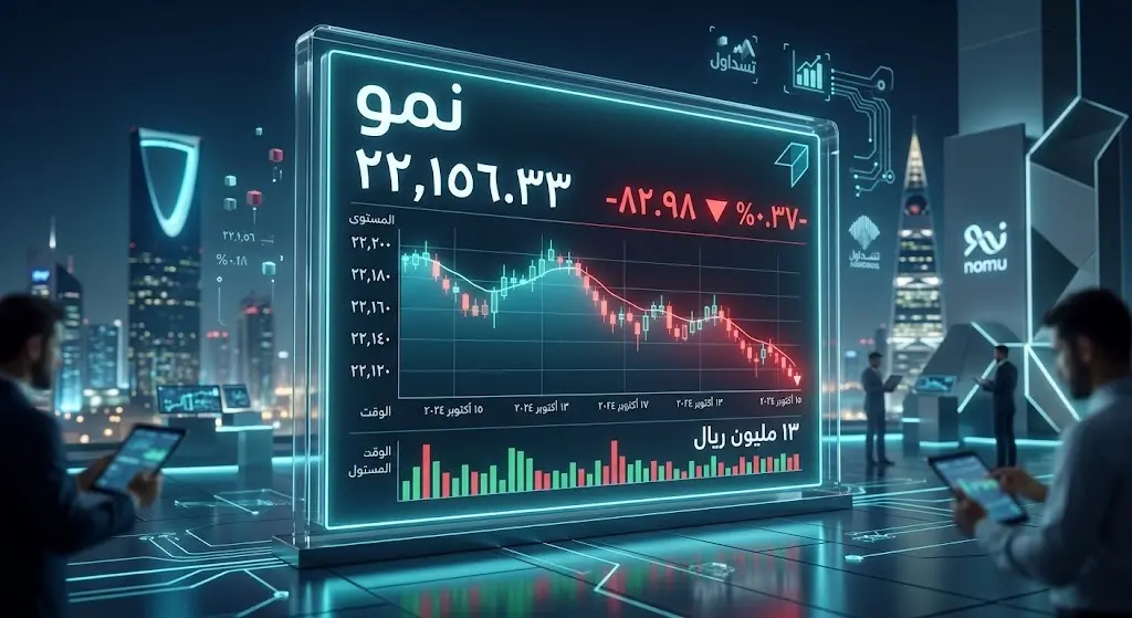 تصميم بياني ثلاثي الأبعاد يبرز أداء مؤشر السوق الموازية (نمو) وتفاصيل إغلاق الجلسة.