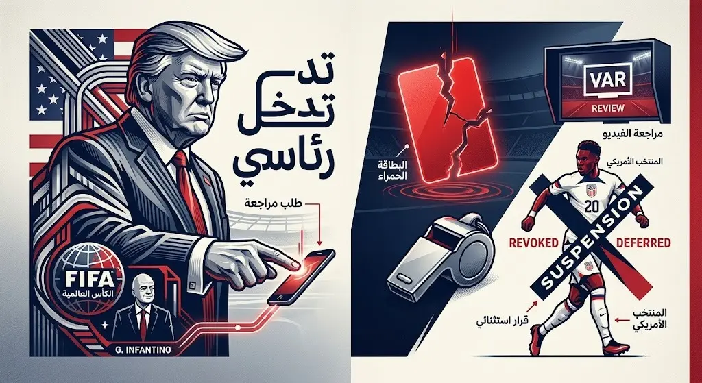 تصميم احترافي يصور تدخل الرئيس الأمريكي دونالد ترامب لمراجعة قرار طرد لاعب المنتخب الأمريكي.