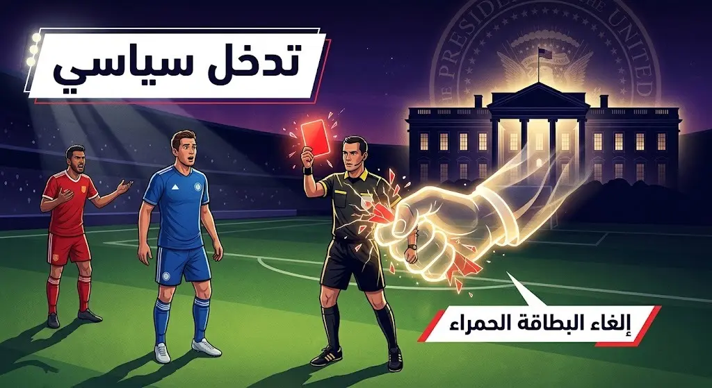 صورة تعبيرية تدمج بين الرموز السياسية والبطاقة الحمراء الرياضية مع نصوص عربية توضح التدخل السياسي في القرار.