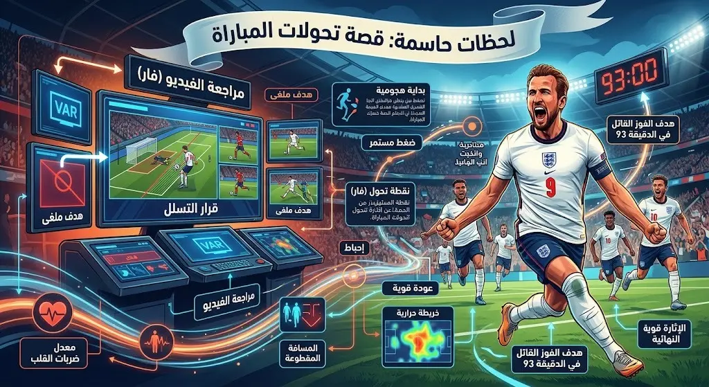 تصميم تعبيري يدمج بين قرار تقنية الفيديو المساعد واحتفال اللاعب الإنجليزي بهدف الفوز القاتل