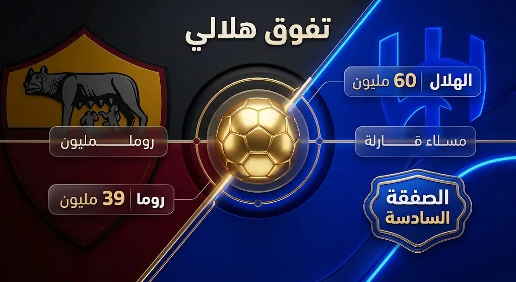 تصميم مقارنة بصرية يبرز التفوق المالي لعرض نادي الهلال بقيمة 60 مليوناً مقابل عرض روما لضم اللاعب واعتبارها الصفقة السادسة