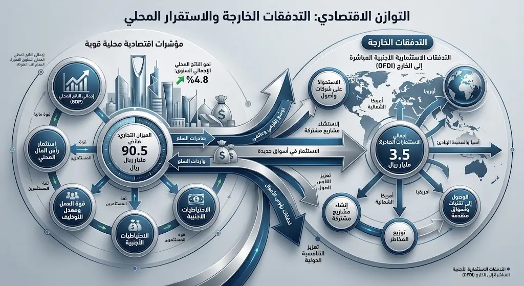 تصميم بياني عصري يقارن بين حجم تدفقات الاستثمار الأجنبي الخارجة وقوة الميزان التجاري السعودي في الربع الأول من عام 2026.