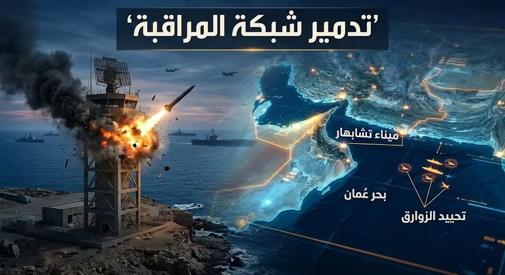إنفوجرافيك وتصميم ثلاثي الأبعاد يوضح استهداف برج المراقبة العسكري في ميناء تشابهار الإيراني ضمن شبكة المراقبة البحرية، مع خريطة تكتيكية لمضيق هرمز وبحر عُمان وتسميات توضيحية باللغة العربية.