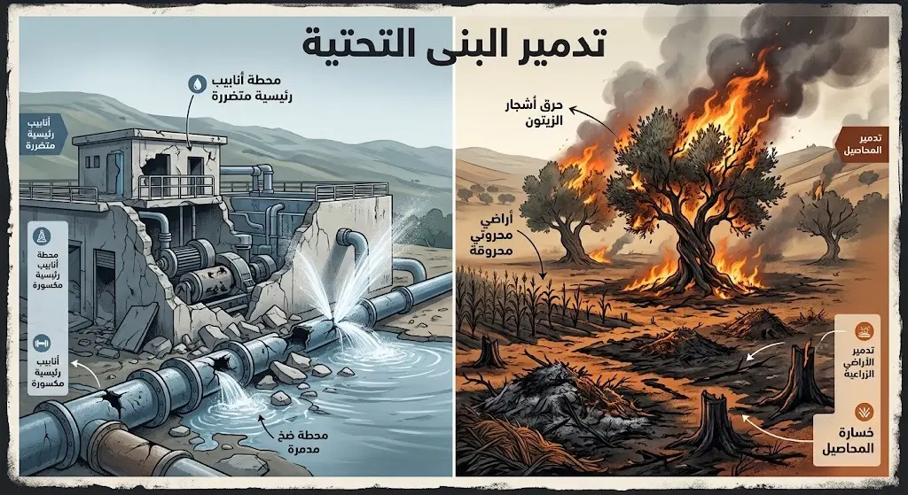 إنفوجرافيك يوضح حجم الدمار الذي لحق بمشاريع المياه والأراضي الزراعية وأشجار الزيتون في جنوب لبنان.