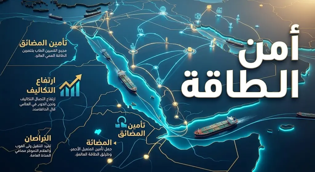 تصميم إنفوجرافيك يوضح ترابط أمن الطاقة بسلامة الممرات المائية وتأثير التهديدات على سلاسل الإمداد.