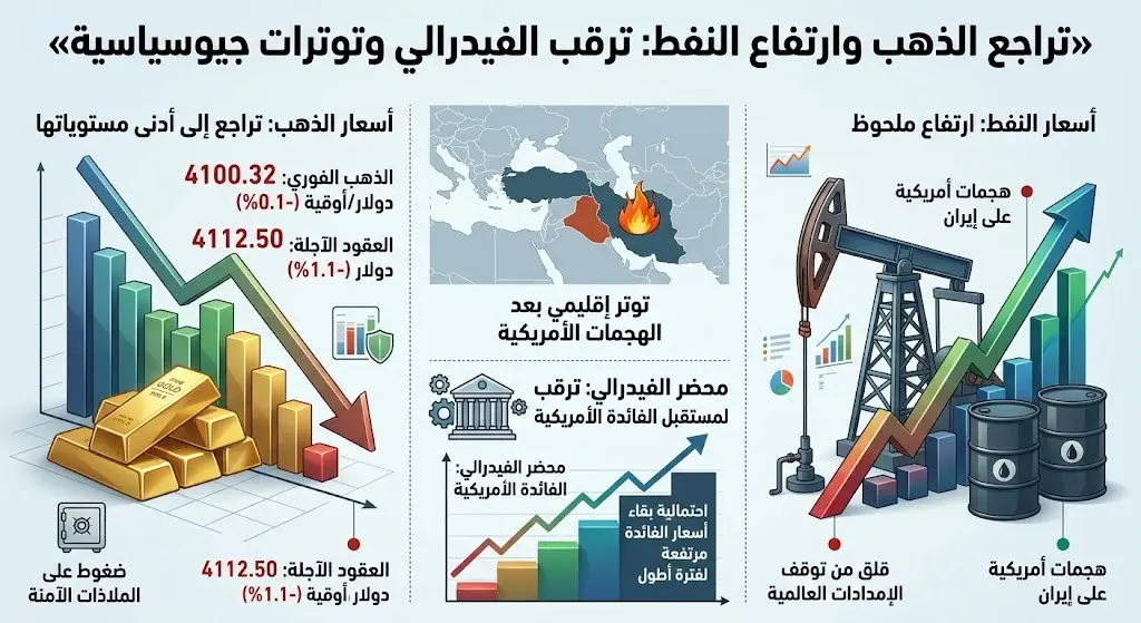 تراجع أسعار الذهب وارتفاع النفط إثر هجمات أمريكية على إيران وترقب محضر الفيدرالي